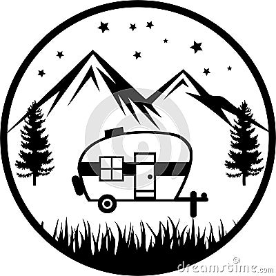 Camper camping sight camping site with mountains and tree round design with svg file for cricut and silhouette Stock Photo