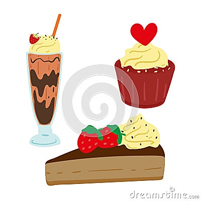 Set of hand drawn vector dessert and sweets, dessert collection. illustration for sticker, label, tag, gift wrapping paper Vector Illustration