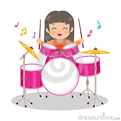 Cute girl playing drum instrument. Musical clip art Vector Illustration