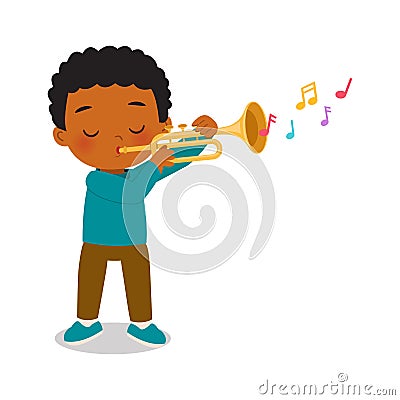 Cute boy playing trumpet instrument. Vector Illustration