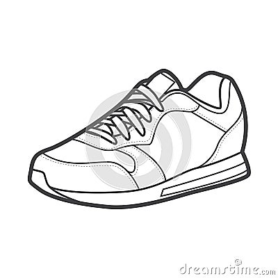 Shoes sneaker outline drawing vector, Sneakers drawn in a sketch style, black line sneaker trainers template outline, vector Illus Vector Illustration