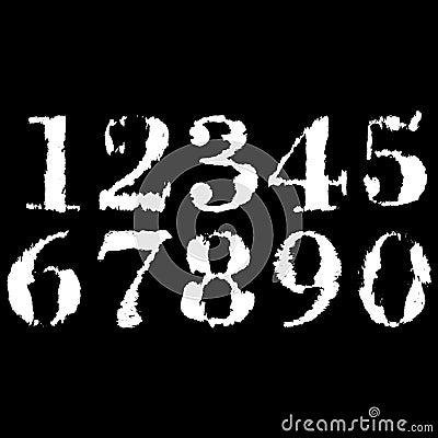 Grunge stamped numbers.White symbols on black background.Vector art font. Vector Illustration
