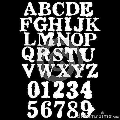 Grunge stamped alphabet and numbers.White symbols on black background.Vector art font. Vector Illustration