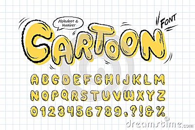 Yellow cartoon font or comic doodle alphabet & number set Vector Illustration