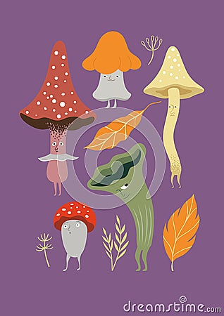 Mushrooms charscters set. Fictional whimsical cute mushrooms. Vector Illustration