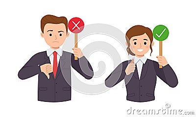 Male and female in business suit shows yes or no signs Vector Illustration