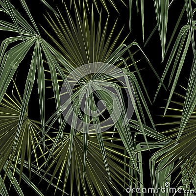 Fashionable seamless tropical pattern with green tropical fan palm leaves on a black background. Stock Photo