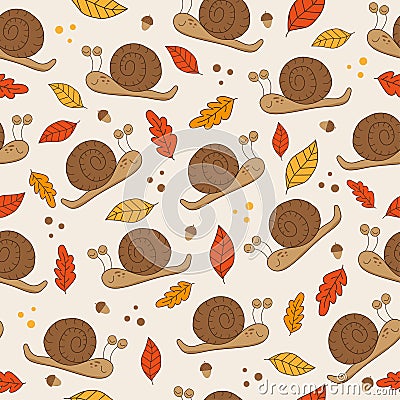 Autumnal seamless pattern with snail, acorn and Autumn leaves. Vector Illustration