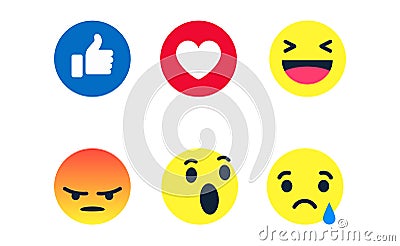 Facebook like love haha angry wow sad reaction vector Cartoon Illustration