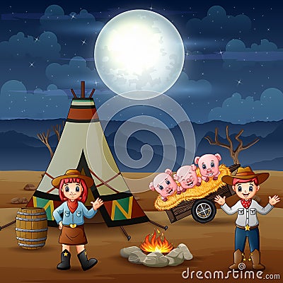 Cowboy and cowgirl and pigs at campsite at night Vector Illustration