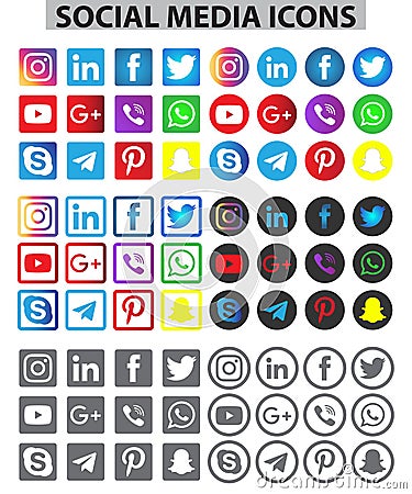 Social media icon set. squared, rounded and thin line icons vector design on transparent background. Editorial Stock Photo
