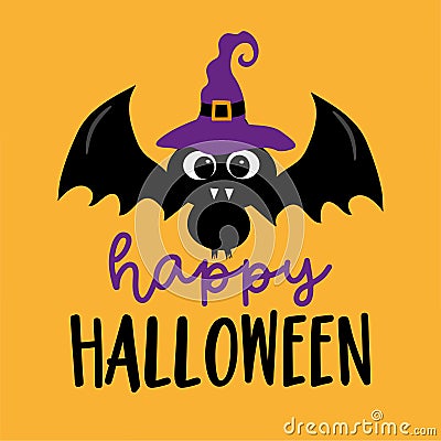 Happy Halloween - cute bat in witch`s hat. Vector Illustration