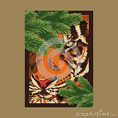 A tiger looks out from under the fir branches Vector Illustration