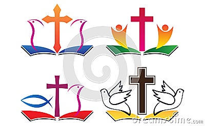 Christianity holy bible dove fish cross people church peace logo symbol set Stock Photo