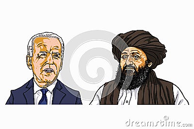 Joe Biden and Abdul Ghani Baradar, The leader of the Taliban Vector Cartoon Caricature Drawing Illustration Vector Illustration