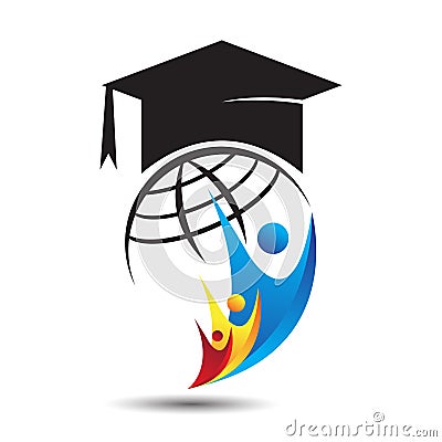 World education logo. graduate hat world globe active people kids student elements. Stock Photo