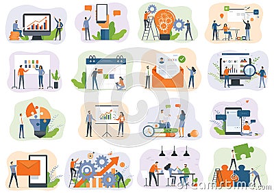 Set of vector business illustration design concept. Business marketing team plan meeting. people working collaboration with social Vector Illustration