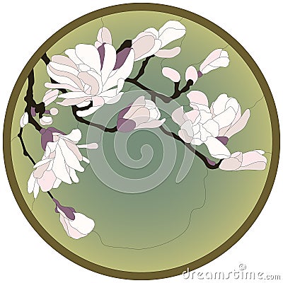 Colored stained-glass window in a round frame. Orchid or sakura floral. Vector Vector Illustration