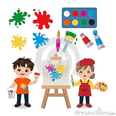 Cute little painter boy and girl clipart set Vector Illustration
