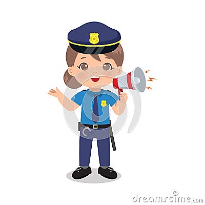 Cute police woman speak with megaphone Vector Illustration