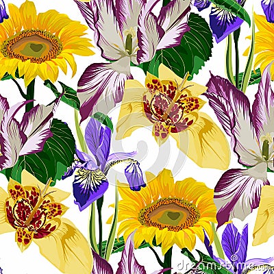 Vintage floral seamless background pattern. Beautiful tulips flower with tigridia, sunflowers and clematis flowers. Stock Photo