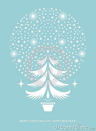 Christmas card, stylized fir tree and snowflakes. Vector Illustration