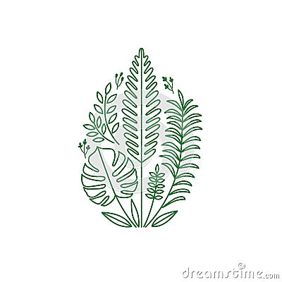 Leaf composed of green summer line art tropical leaves Vector Illustration
