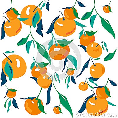 Seamless pattern with plant elements leaves and fruits of tangerines Vector Illustration