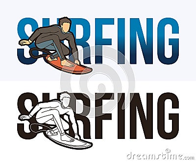 Surfing Text with Sport Player Graphic Vector Vector Illustration