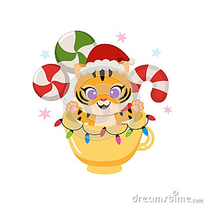 PrintCute little tiger celebrates Christmas in a decorated glass Vector Illustration