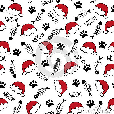 Cat paw , fish bone, and santa hat seamless pattern for Christmas Vector Illustration