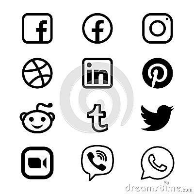 Black & white Social media icons set of facebook twitter instagram pinterest whatsapp Vector Illustration