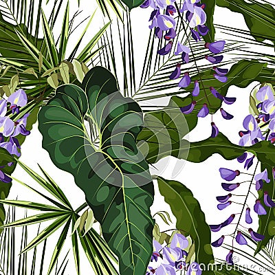 Vioet wisteria flowers. Seamless floral pattern with violet glossy flowers and anthurium and palm leaves. Stock Photo