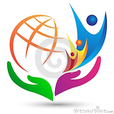 Caring hands earth globe world active family people teamwork union education success happy healthy society care concept vector Cartoon Illustration