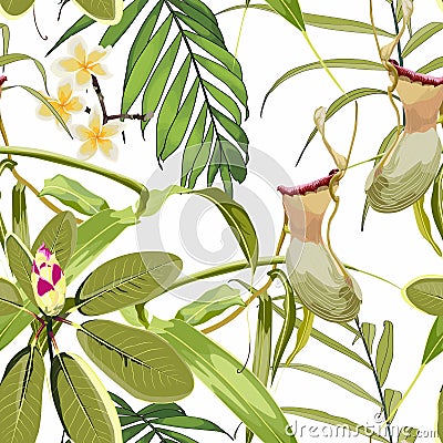 Tropical seamless pattern. Summer print. Jungle rainforest. Nepenthes, genus of carnivorous plants. Vector Illustration