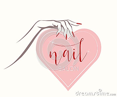 Woman hands, elegant nail polish manicure illustration. Heart shape pink panel. Vector Illustration