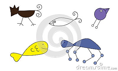Vector illustration Simple animal drawings of birds, fish, spiders Vector Illustration