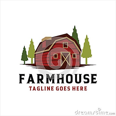 Farmhouse logo concept. Colored template with farm landscape Vector Illustration