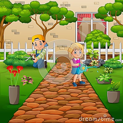 Gardener boy and girl caring for plants in the garden Vector Illustration