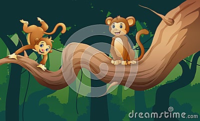 Cartoon of happy monkeys playing on the tree branch Vector Illustration