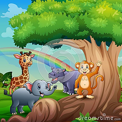 Cartoon five animals playing under the big tree Vector Illustration