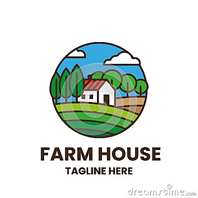 Farmhouse logo template. Colorful emblem with field, trees and house. Vector Illustration