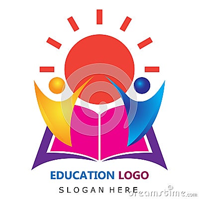 Bright education book library people teen kids happy success collage academy university school logo vector. Stock Photo