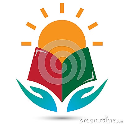 Bright success school collage academic university educational logo icon book sun caring hands elements vector illustration. Stock Photo