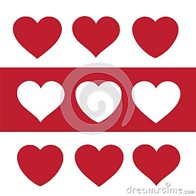 Nine hearts vector illustration on a red and white background. Vector Illustration