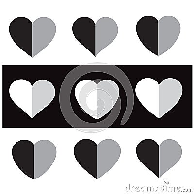 Illustration, vector, nine hearts, halved on a white background. Vector Illustration