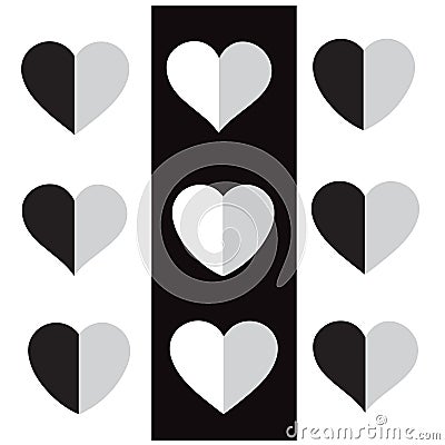 Illustration vector nine hearts split in half vertically on a white background Stock Photo