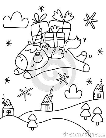 Christmas coloring book page. Unicorn with Christmas gifts coloring book page. Cartoon Illustration