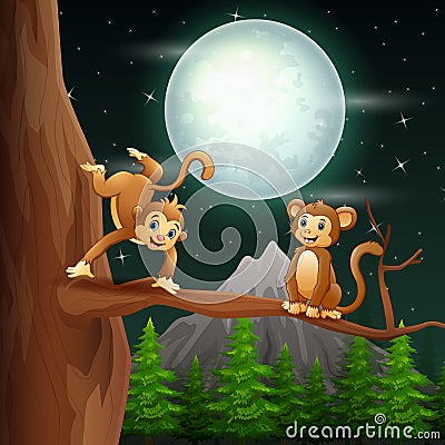 Cartoon of monkeys on the tree branch at night Vector Illustration