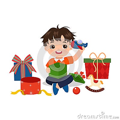 Cute boy opening Christmas presents with happy face Vector Illustration